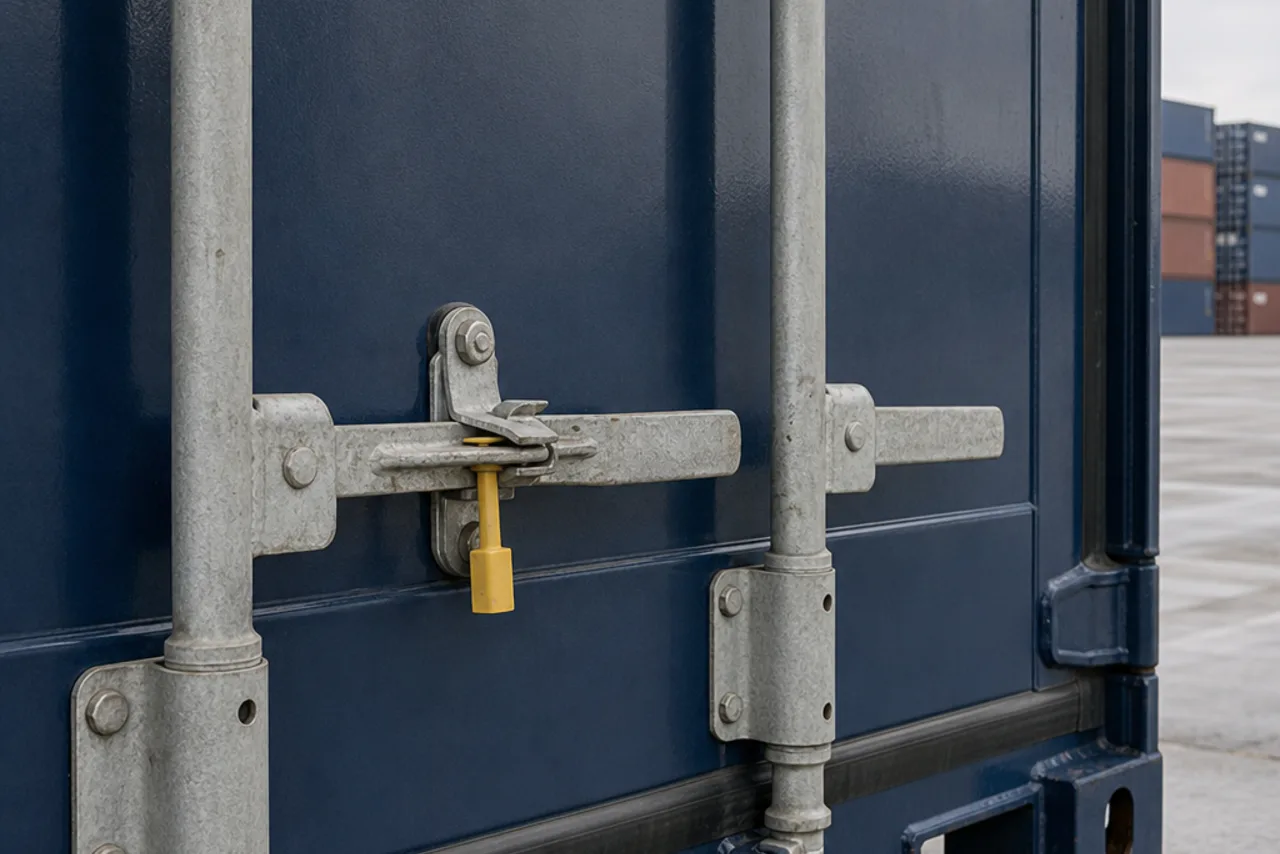 Chiusura e sigillo di sicurezza di un container: illustrazione AI della sicurezza nella logistica, tema della qualifica AEOF.