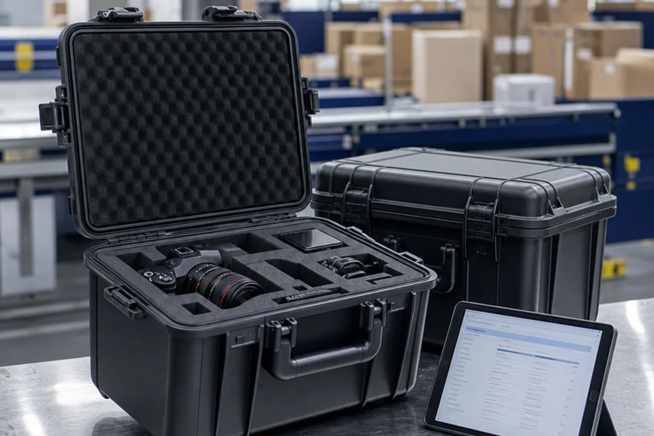 Carnet ATA digitale: parte la transizione in Europa e Svizzera Attrezzatura professionale in custodie da trasporto e tablet: illustrazione AI dell’ammissione temporanea con Carnet ATA digitale.
