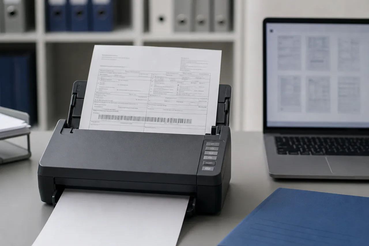 Scanner e computer per raccogliere i documenti di spedizione: illustrazione AI del fascicolo digitale della pratica doganale.