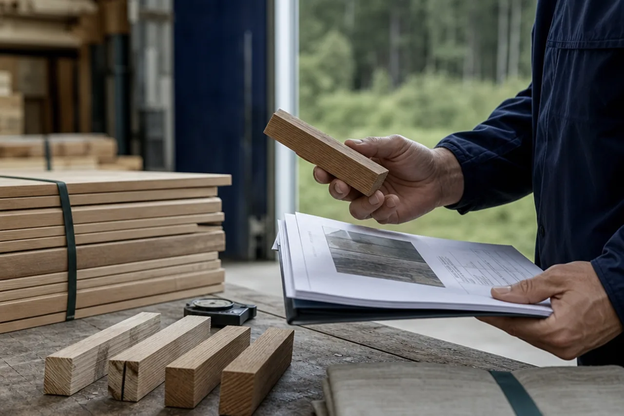 EUDR: prodotti, tracciabilità e deforestazione Verifica di legname e documenti di filiera: illustrazione AI della tracciabilità dei prodotti e della dovuta diligenza prevista dall’EUDR.