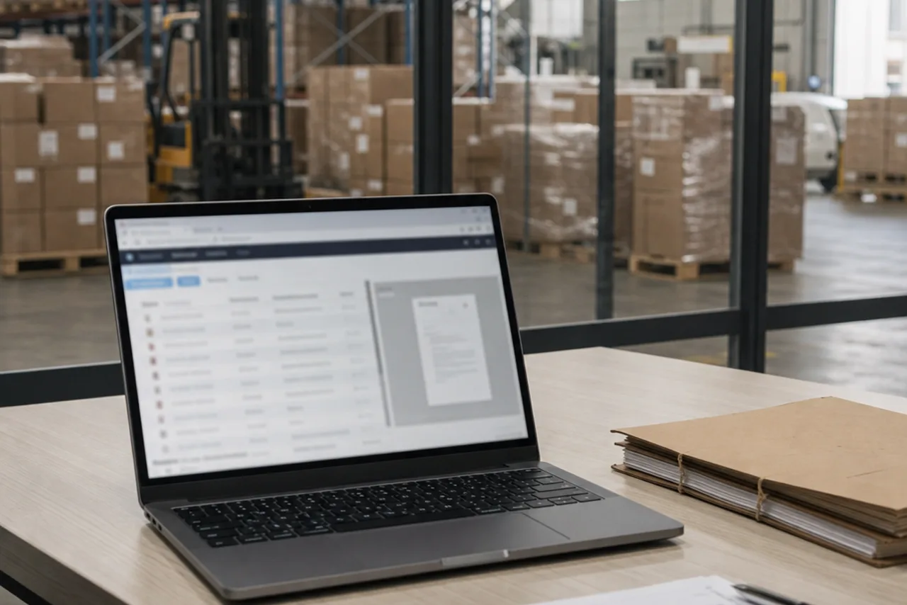 Computer e fascicolo di spedizione in un ufficio logistico: illustrazione AI della consultazione dei documenti tramite un portale clienti.