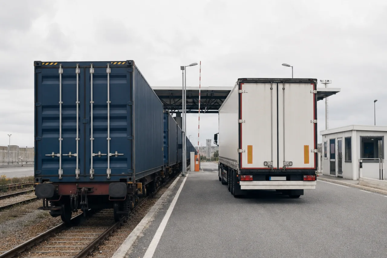 Treno merci e autocarro in un terminal: illustrazione AI del trasporto stradale e ferroviario interessato da ICS2.