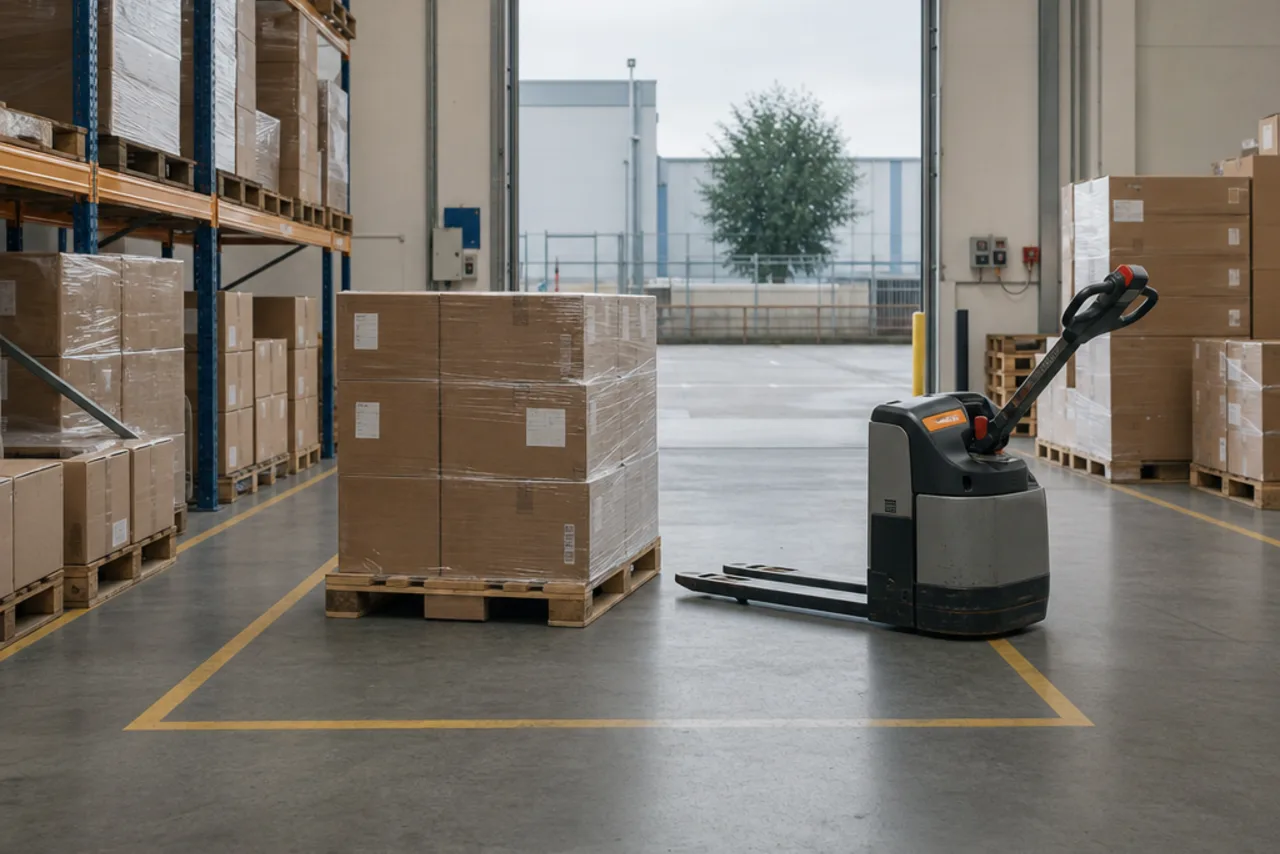 Pallet e colli nell’area di carico di un magazzino: illustrazione AI della preparazione delle merci, non una foto della sede di Gaggiolo.