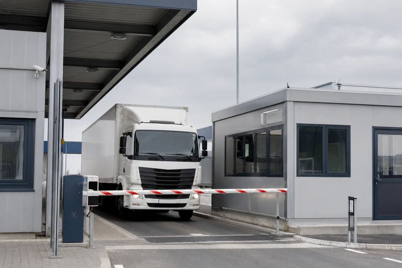 Autocarro in avvicinamento a un punto di controllo merci: illustrazione AI della preparazione del passaggio doganale.