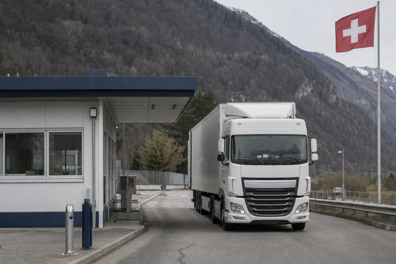 Punto di controllo merci con bandiera svizzera e autocarro: illustrazione AI del coordinamento con la dogana svizzera.