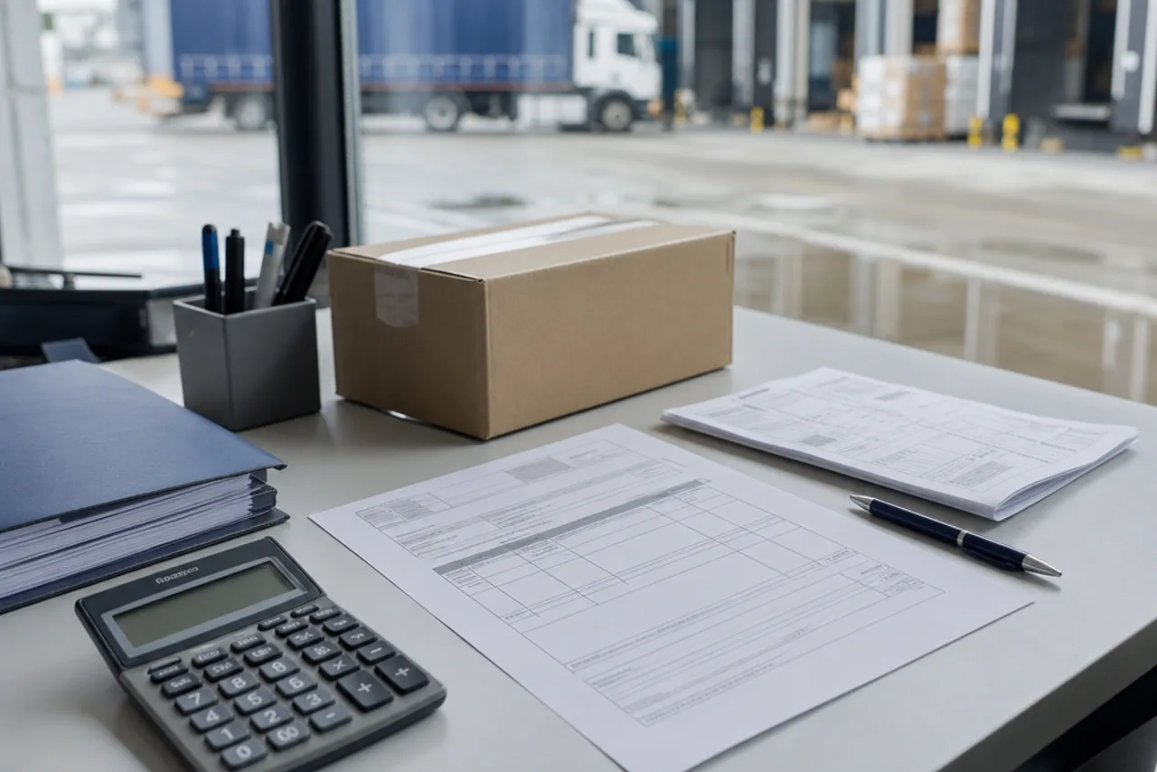 Spese e documentazione commerciale Fattura, calcolatrice e documenti di spedizione su una scrivania: illustrazione AI della verifica delle spese commerciali.