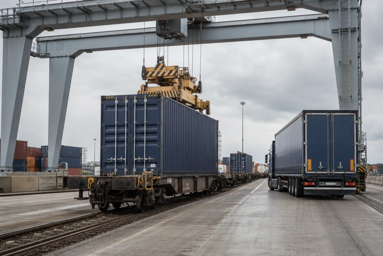 Trasporto intermodale e dogana Container su vagone ferroviario e mezzi stradali in un terminal: illustrazione AI del trasporto intermodale e del coordinamento doganale.